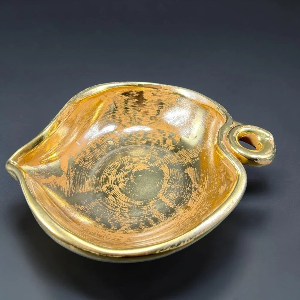 Stangl Pottery Granada Gold Hand Painted Ceramic Leaf Bowl Ring Handle 3787 7in